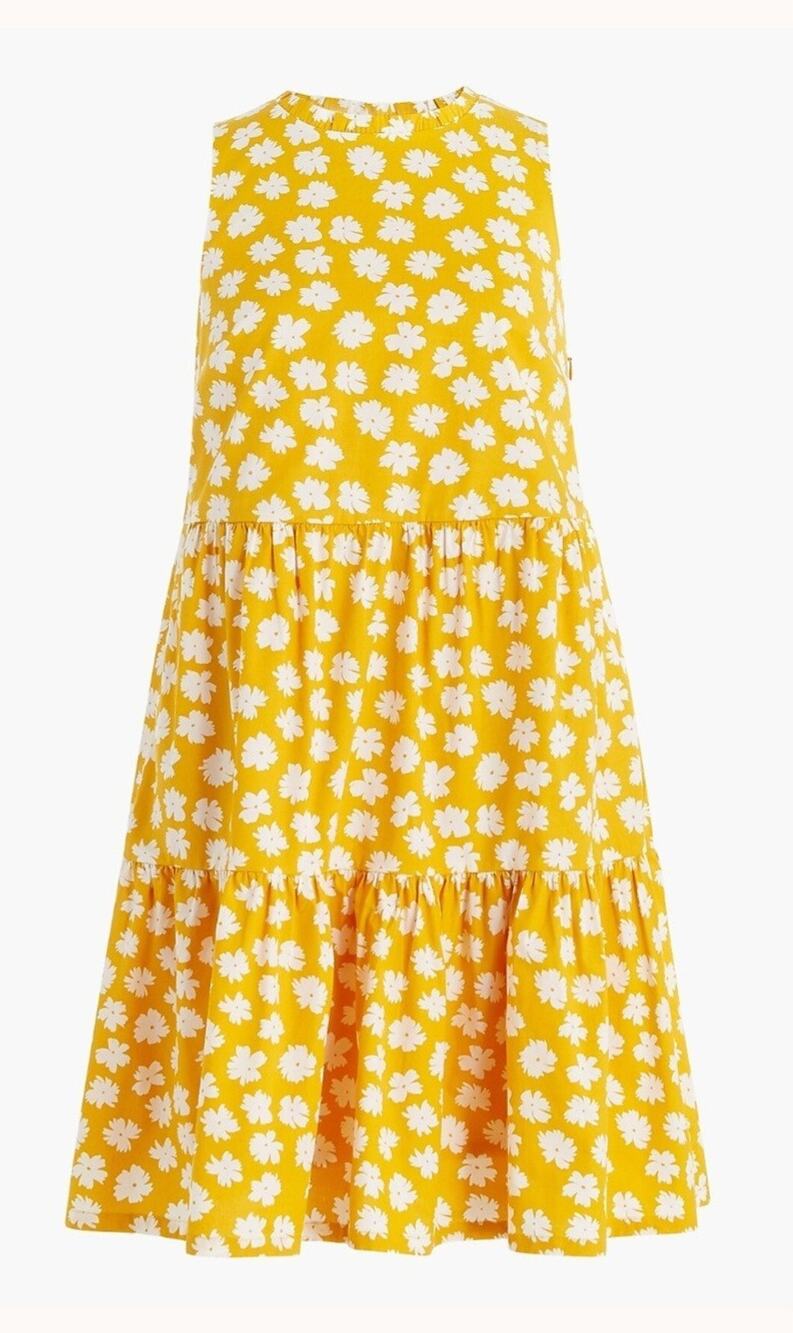 J.Crew Re-Imagined Yellow Daisy Printed Tiered Poplin Midi Dress Size 2 Prarie